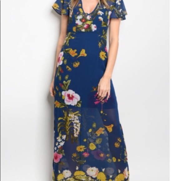 NWT Blue and Yellow Floral Maxi Dress Short Sl - Picture 3 of 8